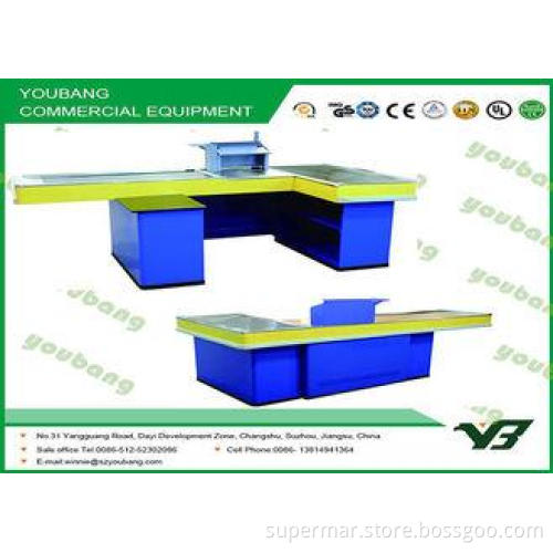 Supermarket conveyor belt checkout counter , retail check o
